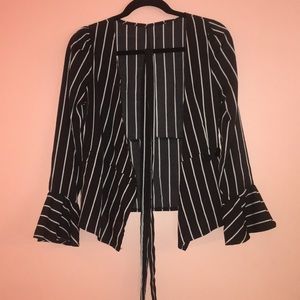 Size S Black and White Pinstripe Blouse w Belt